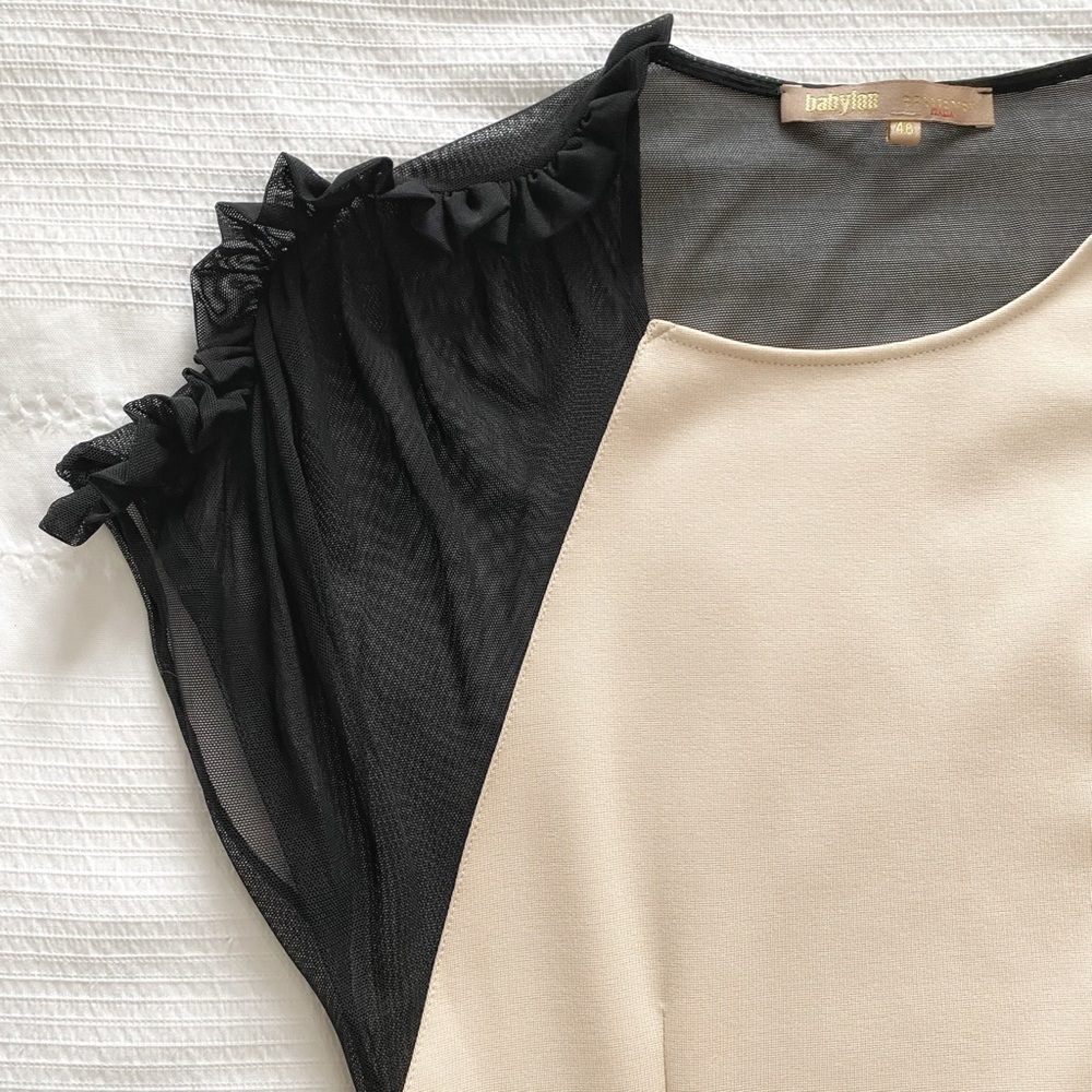 BABYLON COLLECTION CREAM BLACK CINCHED RUFFLE SHEER MESH MIDI FORMAL DRESS - L - Picture 8 of 11
